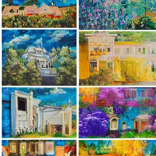 Prompt: collage of 1 0 0 paintings, each painting is of a house