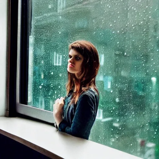 Prompt: alexandra daddario with green hair looking out a window on a rainy night, nighttime!, raining!!, colorful city light reflections!!