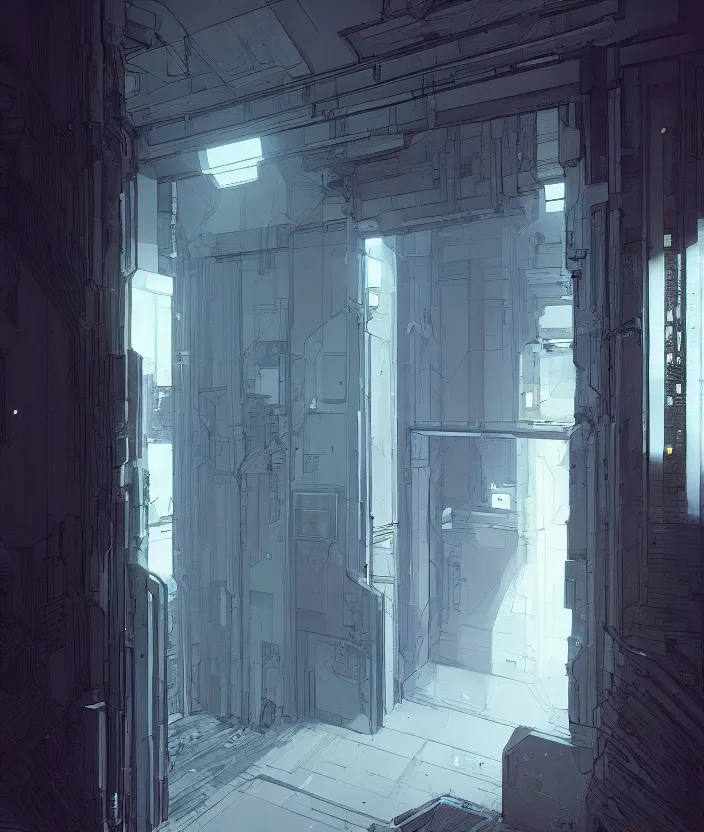 Prompt: a door at the end of a long dark staircase and corridor by beeple and kim jung gi, cyberpunk, trending on artstation