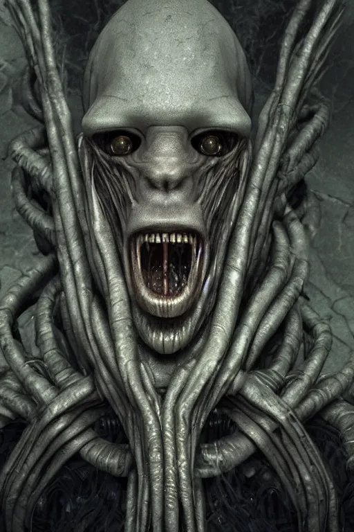 Prompt: ultrarealistic portrait of a scary alien, dark atmosphere, by h. r. giger and h. p. lovecraft, octane render, cgi