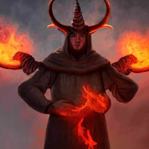 Image similar to ram horned catholic monk like half-lamb brings fire down from the sky, medieval style, trending on artstation, highly detailed, digital painting, volumetric light, concept art, sharp focus, illustration