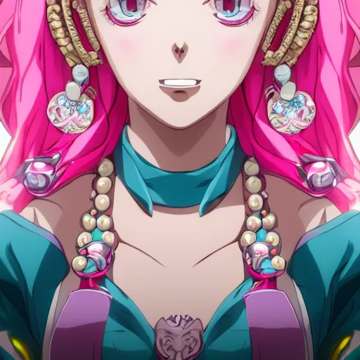 Prompt: stunningly beautiful omnipotent megalomaniacal anime goddess with porcelain skin, pink hair and mesmerizing cyan eyes, symmetrical perfect face smiling in a mischievous, devious and haughty way while looking down upon the viewer, mid view, hyperdetailed, 2 d, 8 k