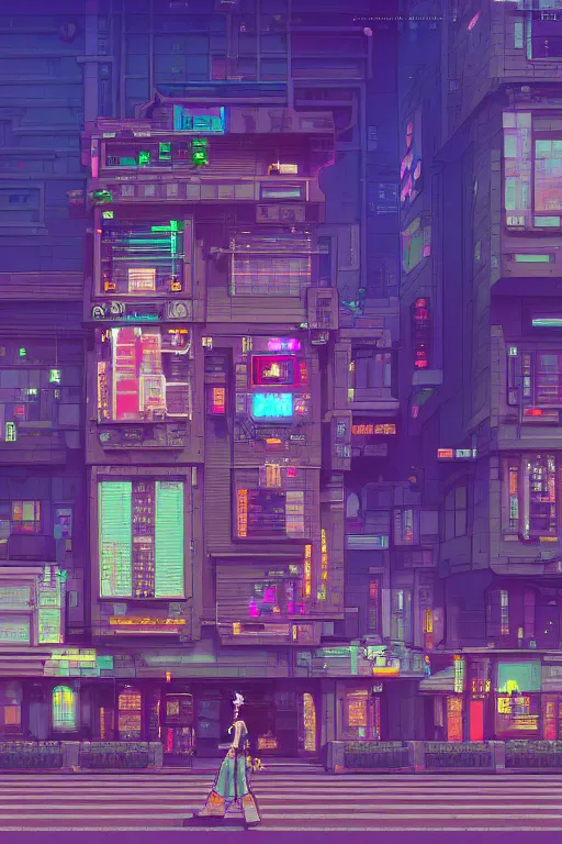 Image similar to A beautiful painting of the most emblematic facade of a cyberpunk gotic, pixelart by Studio Ghibli and Moebius, octane render, zbrush, extremely detailed, pastel colors, trending on artstation