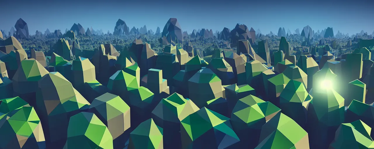 Image similar to a Low Poly Multiverse cube world from behance Ray traced, photorealistic render, cinematic lighting, epic composition Epic colour scheme
