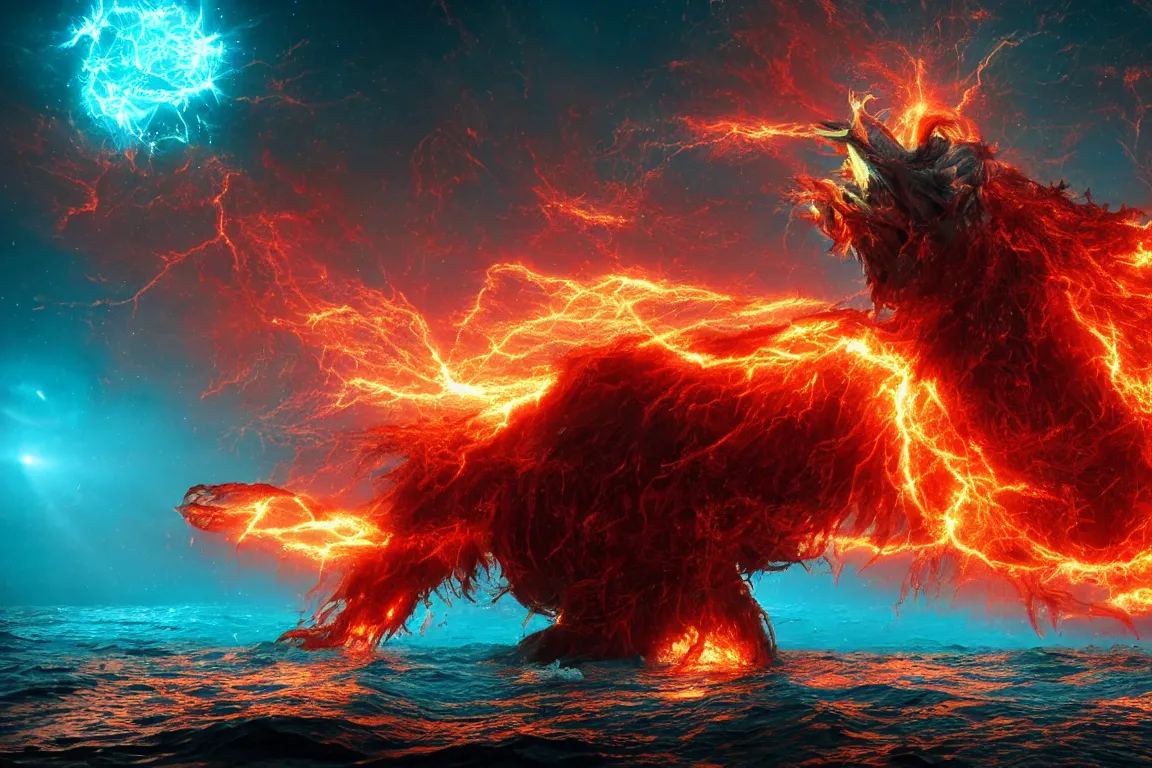 Image similar to colossal shaman god destroying very living thing in the ocean, made of lasers, cast across the night sky, 8 k, ultra realistic, lens flare, atmosphere, glow, detailed, intricate, full of colour, cinematic lighting, trending on artstation, 4 k, hyperrealistic, focused, extreme details, unreal engine 5, cinematic, masterpiece