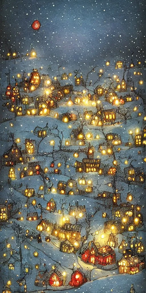 Prompt: a christmas night village scene by alexander jansson