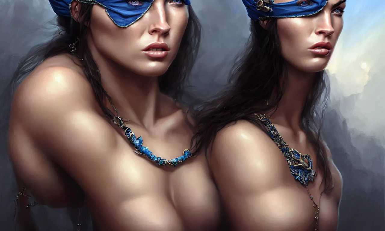 Image similar to ! dream portrait of megan fox blindfolded, muscular upper body, collar, greek, jewelry, blue dress, fantasy, intricate, elegant, highly detailed, digital painting, artstation, concept art, matte, sharp focus, illustration, art by aenaluck and roberto ferri and greg rutkowski, epic fantasy, digital painting