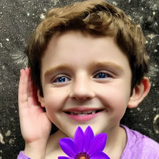 Prompt: the little prince smiling with a purple flower on his hand. made of clay