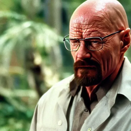 Image similar to film still of hyper-realistic walter white in Predator (1987), 4k