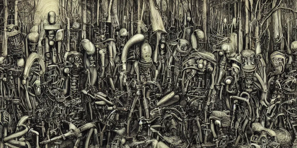 Prompt: 10000 robots fighting in the forest H.R. Giger. high details. photorealistic