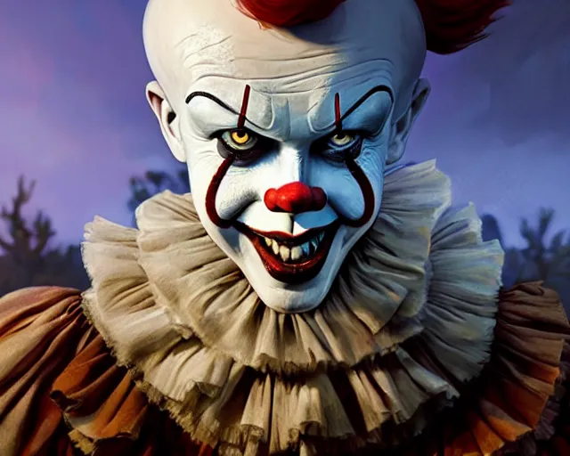 Image similar to highly detailed portrait of pennywise the dancing clown, in gta v, stephen bliss, unreal engine, fantasy art by greg rutkowski, loish, rhads, ferdinand knab, makoto shinkai and lois van baarle, ilya kuvshinov, rossdraws, tom bagshaw, global illumination, radiant light, detailed and intricate environment