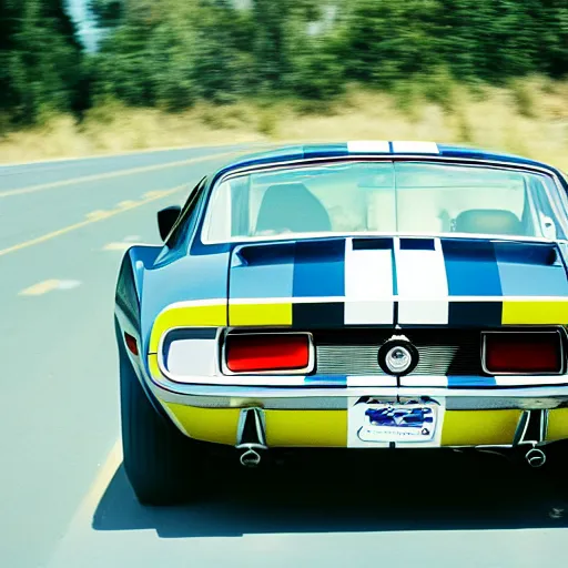 Prompt: a photo of a speeding 1969 Shelby GT350, velvia 50 film