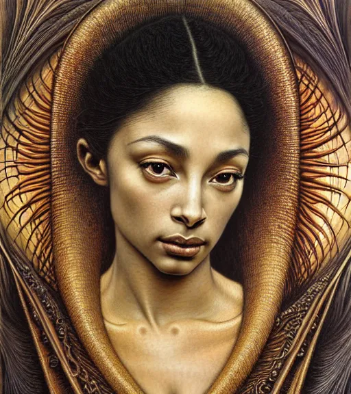 Prompt: detailed realistic beautiful young sade adu face portrait by jean delville, gustave dore and marco mazzoni, art nouveau, symbolist, visionary, baroque, intricate fractal, biomechanical. horizontal symmetry by zdzisław beksinski, iris van herpen, raymond swanland and alphonse mucha. highly detailed, hyper - real, beautiful
