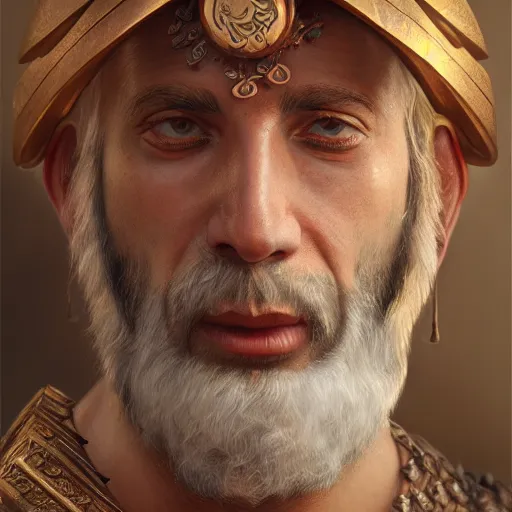 Prompt: bronze age assyrian priest, octane render, beautiful composition, trending on artstation, highly detailed oil painting, fantasy digital art, epic