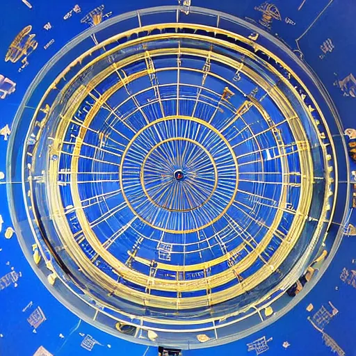 Prompt: ceiling orrery in a blue room as seen from a medium perspective, phong shaded