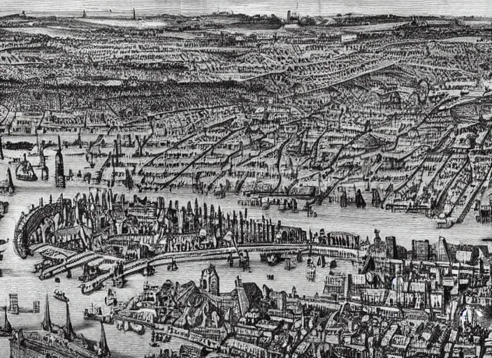 Prompt: detail from Hollar’s Panoramic view of cyberpunk London, 1647