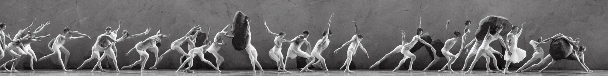 Image similar to a horde of sisyphusses pushing a huge boulder through an empty space, white background, ballet performance photography