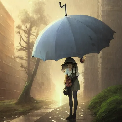 Prompt: Totoro is holding an umbrella in the rain, sci-fi, fantasy, highly detailed, digital painting, artstation, concept art, smooth, sharp focus, illustration, art by artgerm and greg rutkowski and alphonse mucha