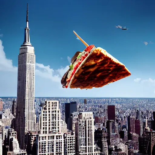 Image similar to A giant kebab falling from the sky over new york city, ultrawide lens, aerial view, 10 mm, by Terry Richardson, behance, unreal engine 5