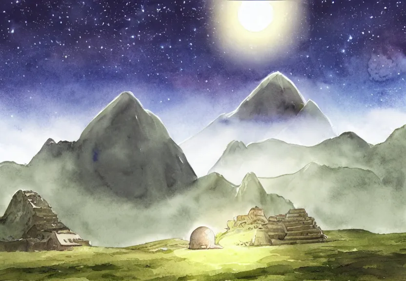 Image similar to a cell - shaded watercolor concept art from a studio ghibli film showing one giant grey ufo. in the background is machu pichu on a misty and starry night. by studio ghibli. very dull muted colors