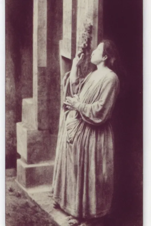 Image similar to a photo om mary praying in front of a tomb, by julia margaret cameron