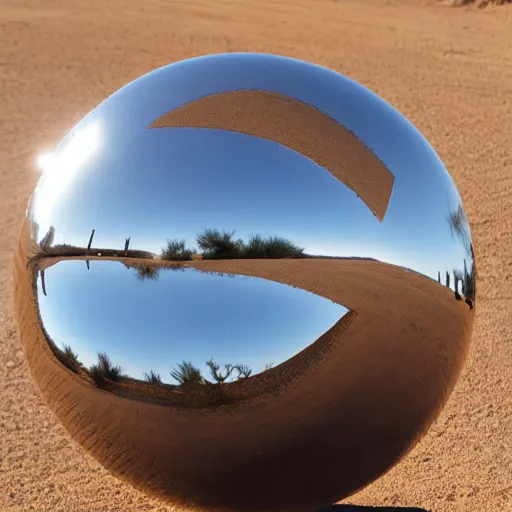 Prompt: reflective metal ball floating in the desert