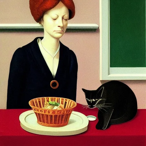 Prompt: a boring woman and her cat sharing a meal by Raphael, Hopper, and Rene Magritte. detailed, romantic, enchanting, trending on artstation.