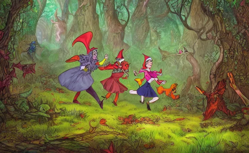 Prompt: a scene of colorful cartoon elves running through a clearing in a dark fantasy forest surrounded by darkness. hyperrealist illustration. muted colors. 1 9 7 0's pulp science fiction and fantasy cartoon for alice in wonderland and wizard of oz. highly detailed and richly colored painting. trending on artstation