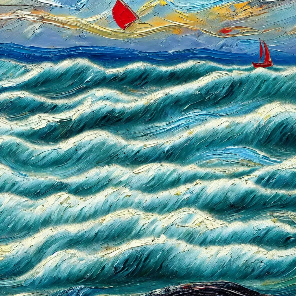 Image similar to Giant threatening beautiful Rolling waves, with a distant, dull red sailed yacht in the style of Jackson Pollack, with lots of stumbling, stumbled thick oil paint and painted in a style of painting similar to Van Gogh but more impasto and less hatching