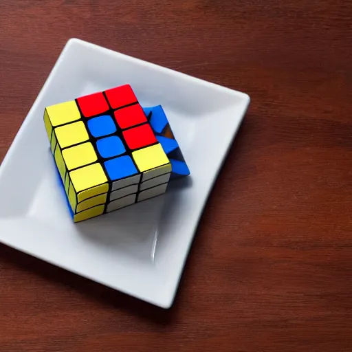 Prompt: a rubix cube on a plate on a table, drawn like a child