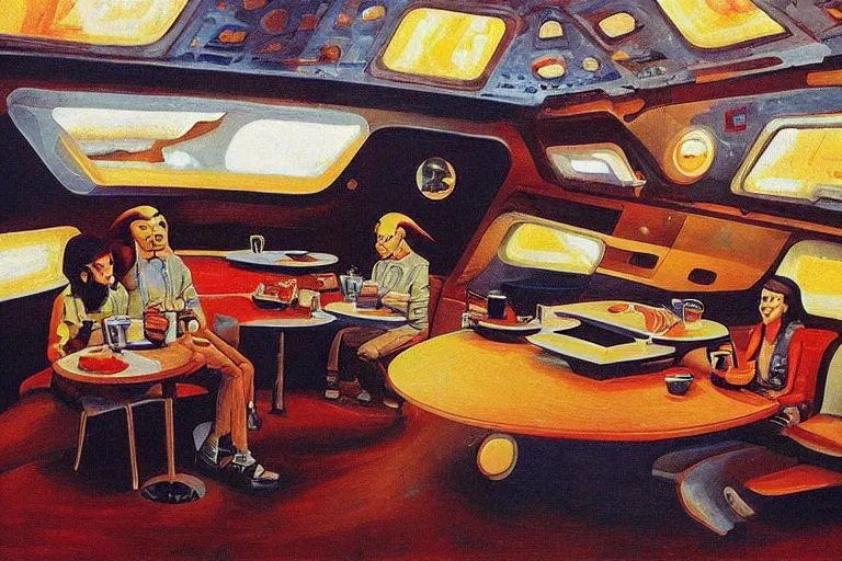 Prompt: coffee shop in a spaceship by robert theodore mccall