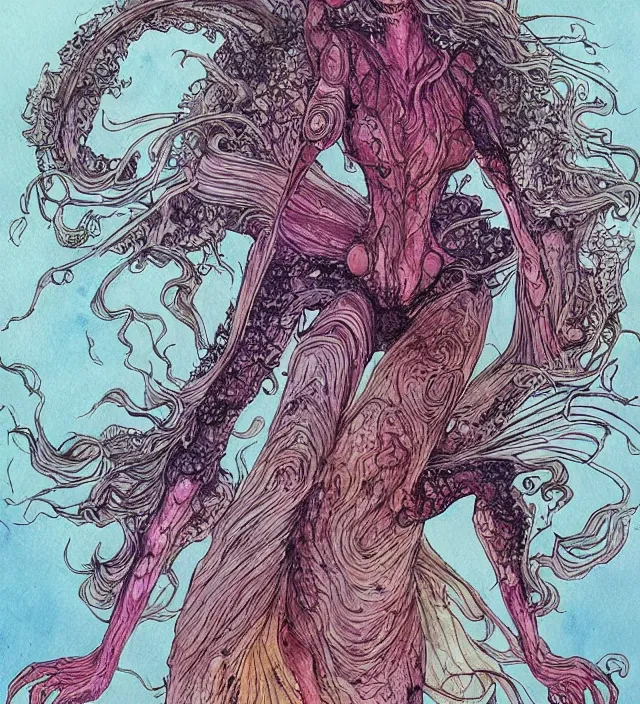 Image similar to a watercolor ink painting of the primordial eldritch goddess of natural - disasters in the style of jean giraud in the style of moebius trending on artstation deviantart pinterest detailed realistic hd 8 k high resolution