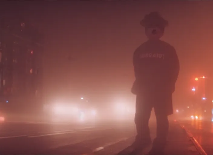 Image similar to film footage of giant michael j. fox monster in a foggy city, 8 k, 8 5 mm