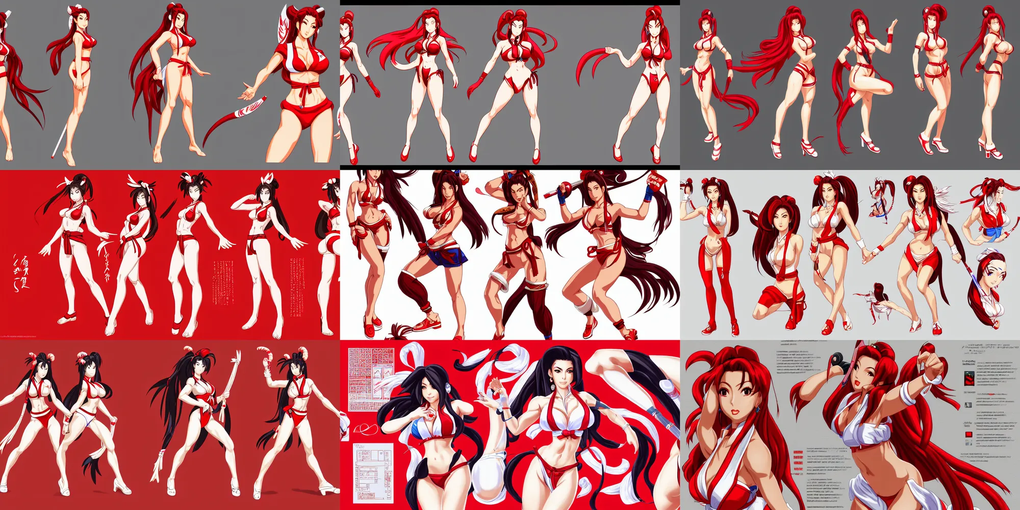 Prompt: Mai Shiranui, game character; full body art, in the Japanese videogame, character reference sheet, trending on artstation, highly detailed, clean lineart, vector line art, clean, by Ilya kuvshinnikov, simple background