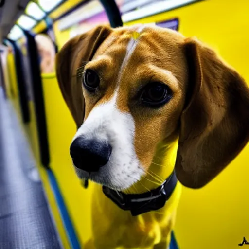 Image similar to bright yellow beagle in a subway