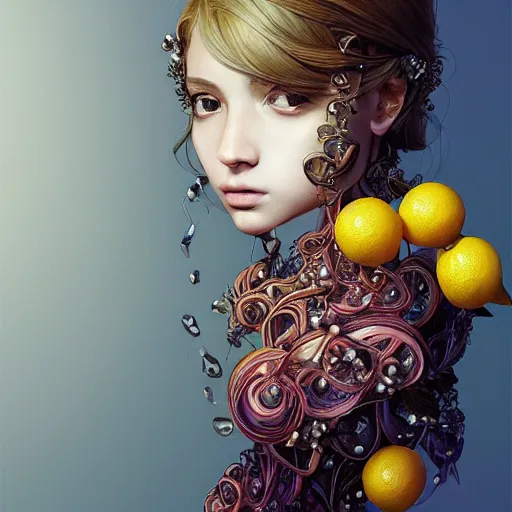 Image similar to the portrait of an absurdly beautiful, graceful, elegant, sophisticated, young teen girl made up of lemons looking up, an ultrafine hyperdetailed illustration by kim jung gi, irakli nadar, intricate linework, bright colors, octopath traveler, final fantasy, unreal engine 5 highly rendered, global illumination, radiant light, detailed and intricate environment