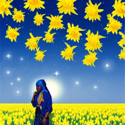 Image similar to a digital painting high resolution hypereealistic of a nubian woman wearing an astronaut standing in an open field of yellow daffodils