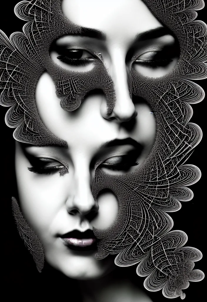 Image similar to young beautiful woman with a partially face covering mask. fractal, mandelbulb, scribble art. black and white, black on black. intricate, elegant, super highly detailed, professional digital painting, smooth, 8k, 3D, beautiful, cinematic. art deco, art nouveau.