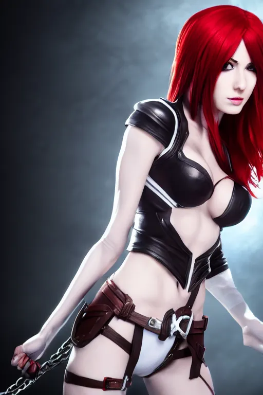 Image similar to Katarina from League of Legends, photorealistic full body, studio lighting, white ambient background, hyperrealistic, highly detailed, realistic