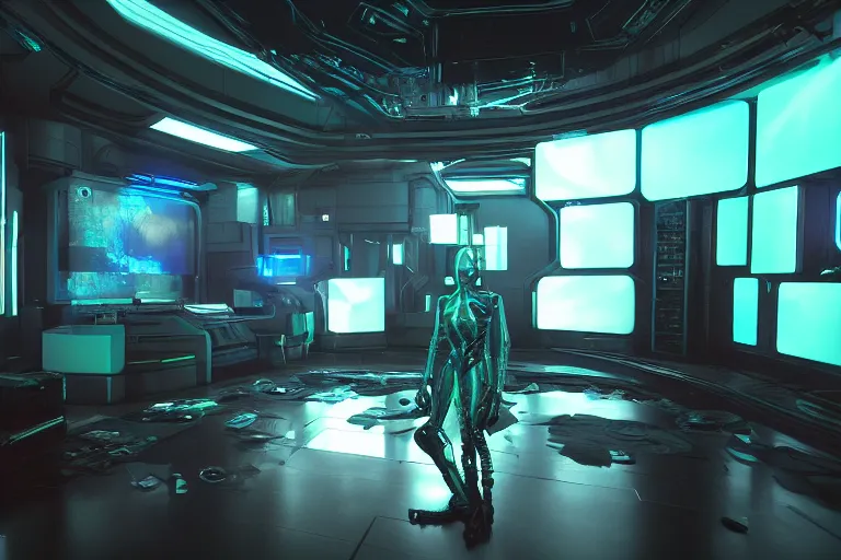 Image similar to cyberpunk alien concept inspired room, futuristic look, highly detailed body, very powerful, photorealistic camera shot, bright studio setting, studio lighting, crisp quality and light reflections, unreal engine 5 quality render