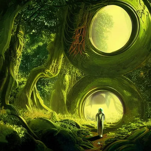 Image similar to portal in a middle of a lush futuristic forest, alien world seen through a portal, person in a cloak standing in front of a portal, syd mead, john harris