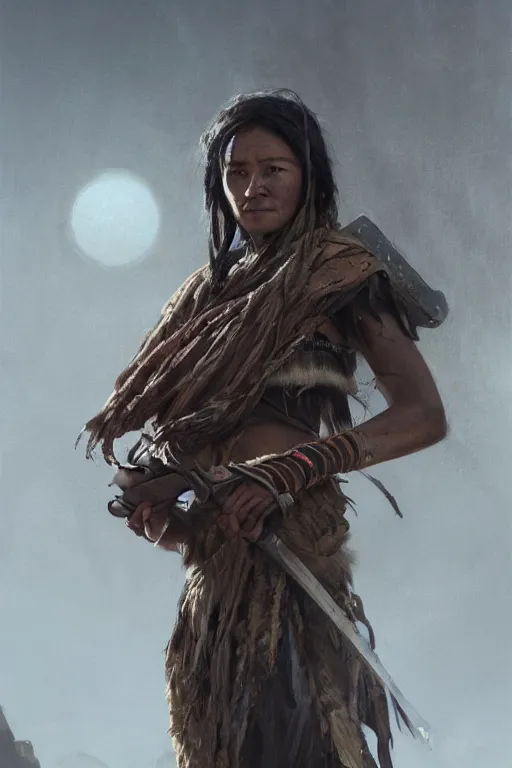 Image similar to a portrait of a tribal women a sci-fi weapon by Greg Rutkowski, Sung Choi, Mitchell Mohrhauser, Maciej Kuciara, Johnson Ting, Maxim Verehin, Peter Konig, final fantasy , mythical, 8k photorealistic, cinematic lighting, HD, high details, atmospheric,