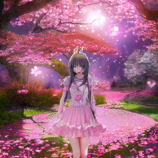 Image similar to 3d rendered anime girl with cherry blossoms as clothing in a flower garden, fantasy art, hyper realistic, detailed, ultra detailed, dynic lighting, fantasy concept art