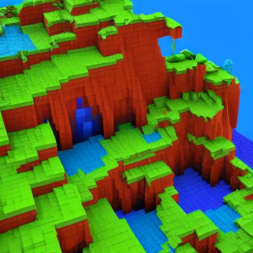 Prompt: a fantasy colorful landscape, rendered as voxels