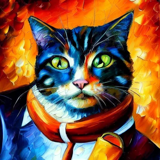 Image similar to portrait painting of a cat as an explorer by Leonid Afremov, stethoscope