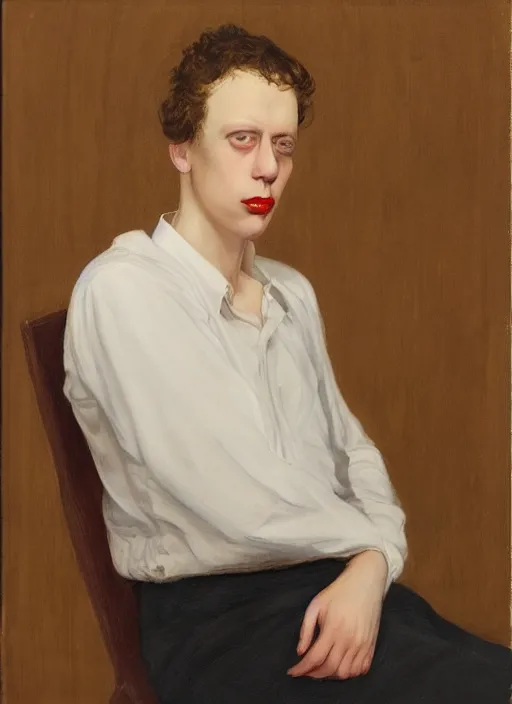 Prompt: portrait of young Philip Glass by John Currin