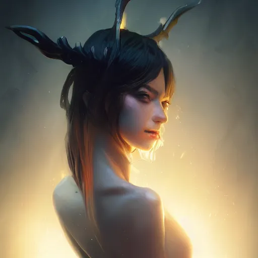 Image similar to A fancy portrait of an attractive succubus by Greg Rutkowski, Sung Choi, Mitchell Mohrhauser, Maciej Kuciara, Johnson Ting, Maxim Verehin, Peter Konig, final fantasy, 8k photorealistic, cinematic lighting, HD, high details, dramatic, dark atmosphere, trending on artstation