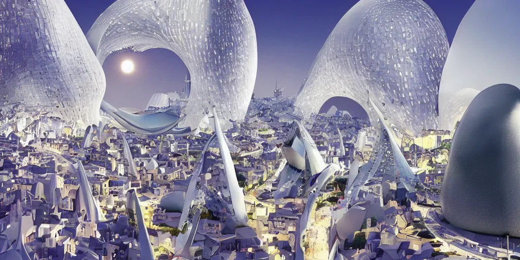 Image similar to fantasy city with moon by zaha Hadid with crowded street trending on artsation