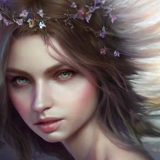 Prompt: most beautiful woman fairy wings on earth, intricate, highly detailed, digital painting, hyperrealistic, hyperdetailed, windy hair, artstation, concept art, smooth, sharp focus, illustration, unreal engine 5, 8 k, art by laura sava - h 7 0 0