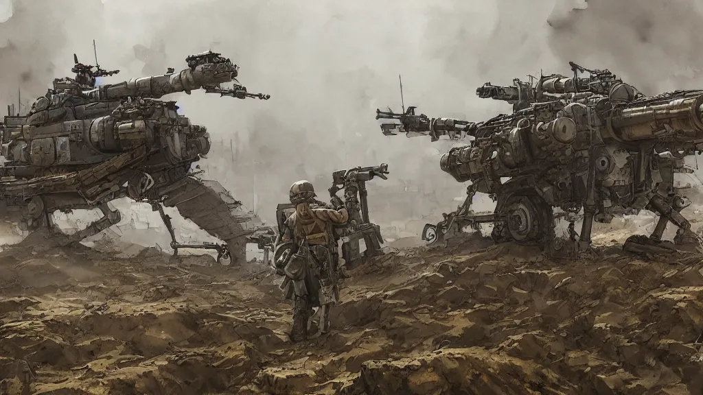 Image similar to overview of dieselpunk heavy machine gun position, watercolored, jakub rozalski, dark colours, dieselpunk, artstation